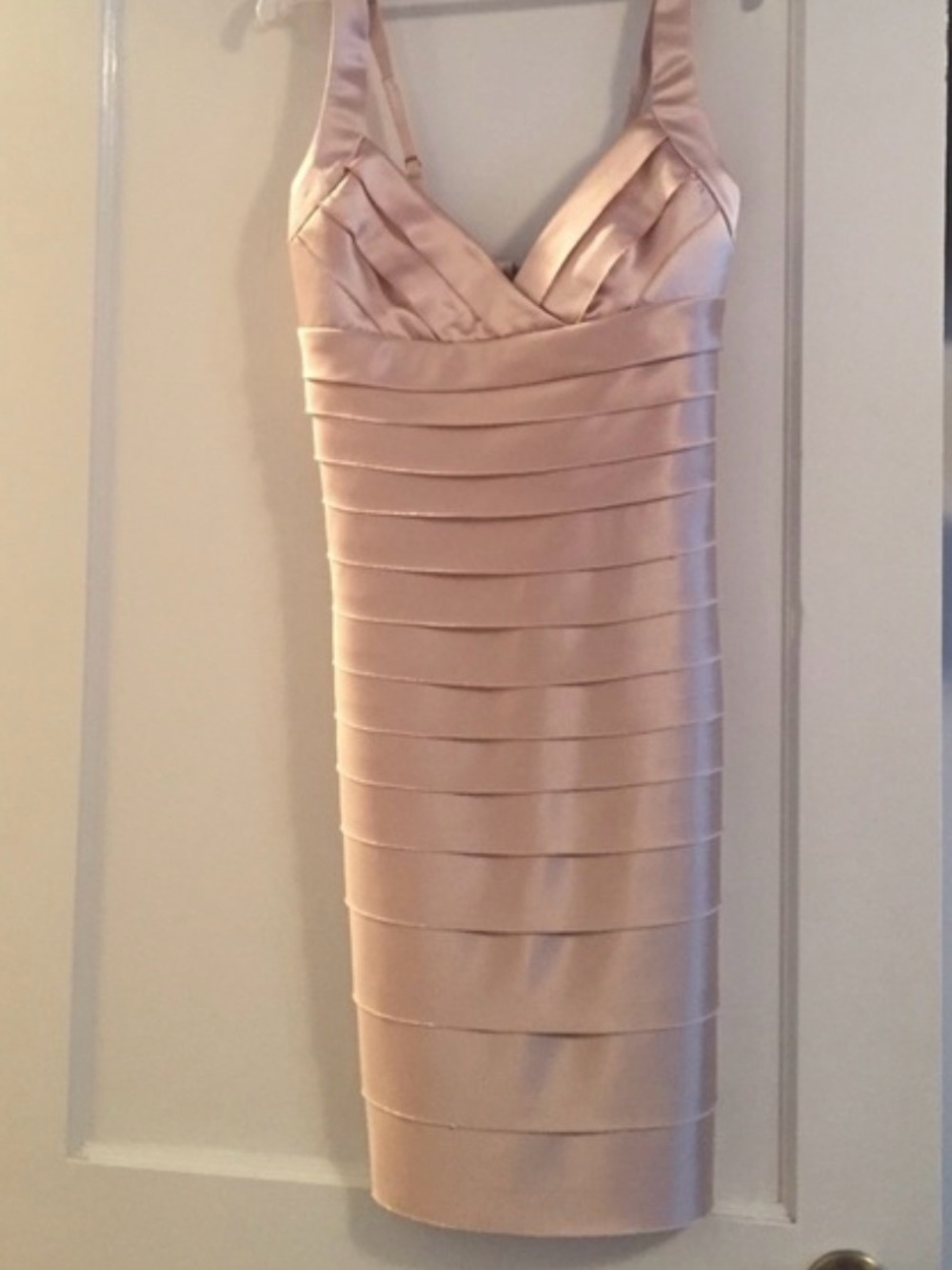 BCBG Maxazria Satin Bandage Midi Dress in Blush